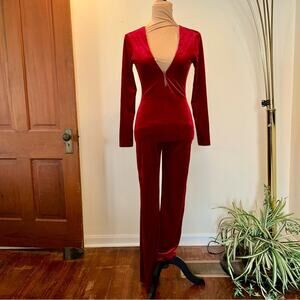 Vintage 90s Frederick’s of Hollywood Red Velvet Flare Leg Jumpsuit XS